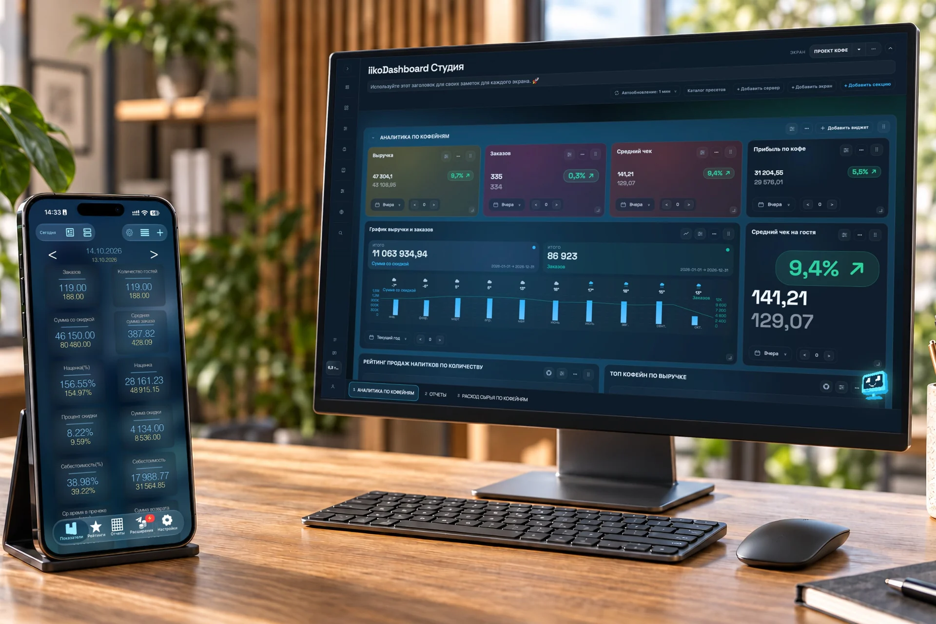 Мобильный iikoDashboard на телефоне и дашборд Студии на мониторе рядом