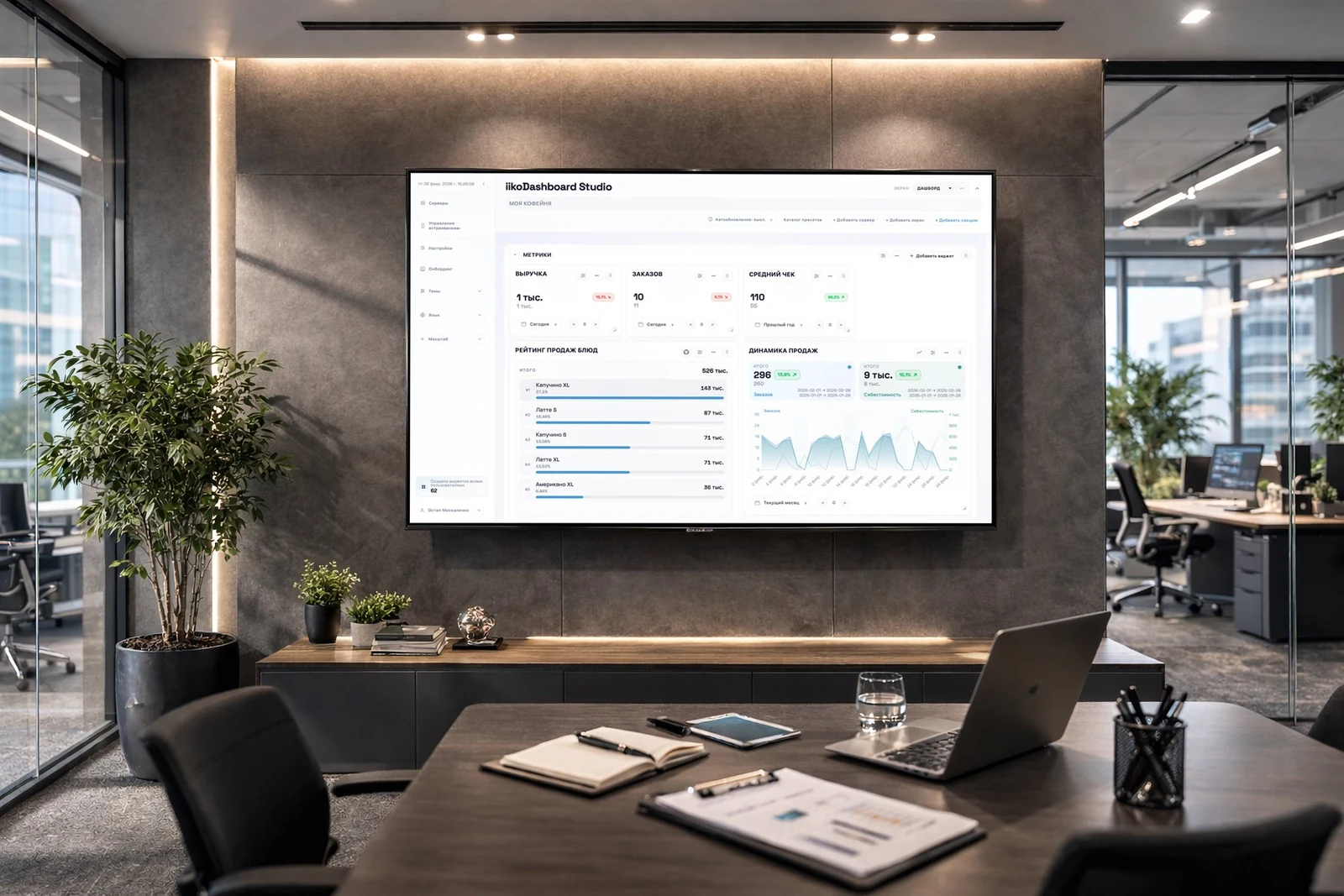 Дашборд iikoDashboard Студии на ТВ в интерьере офиса